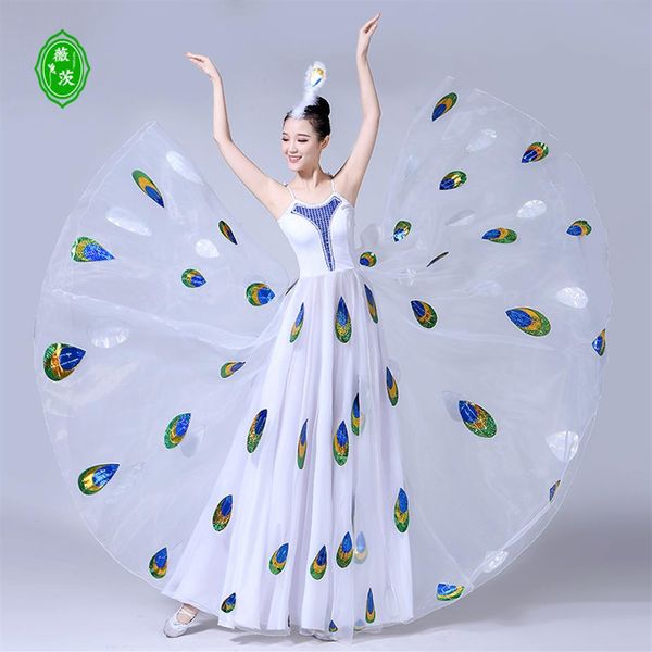 As novas apresentações de dança de abertura Dai traje de dança adulto feminino show de pássaro White Peacock Spirit fio grande saia301P