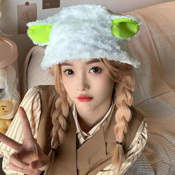 Berretti Fashion Plush Cute Sheep Ear Lamb Bucket Hat Femminile Autunno Inverno Studenti Protezione calda Coppia Cappelli da pescatore