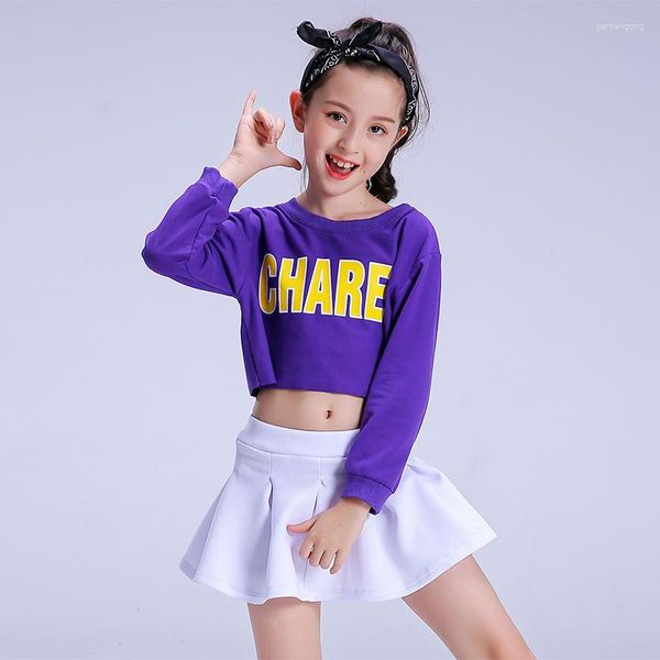 Abbigliamento da palcoscenico Abbigliamento hip-hop per bambini Costumi di danza jazz Camicie viola Gonna bianca Abito da ragazza di strada per bambini