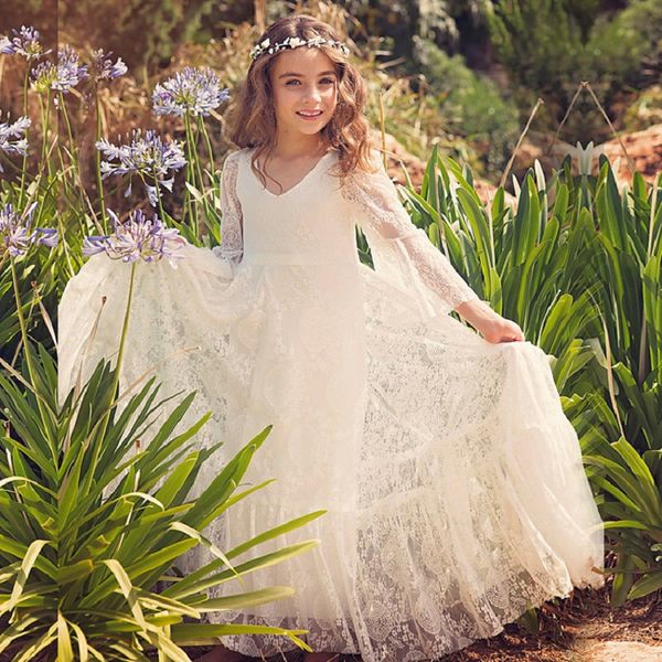 Princesa Meninas Renda Chiffon Vestidos Longos Crianças Flor Menina Vestido de Noiva Verão Boho Festa de Aniversário Vestido de Noiva Para 2-14 Anos