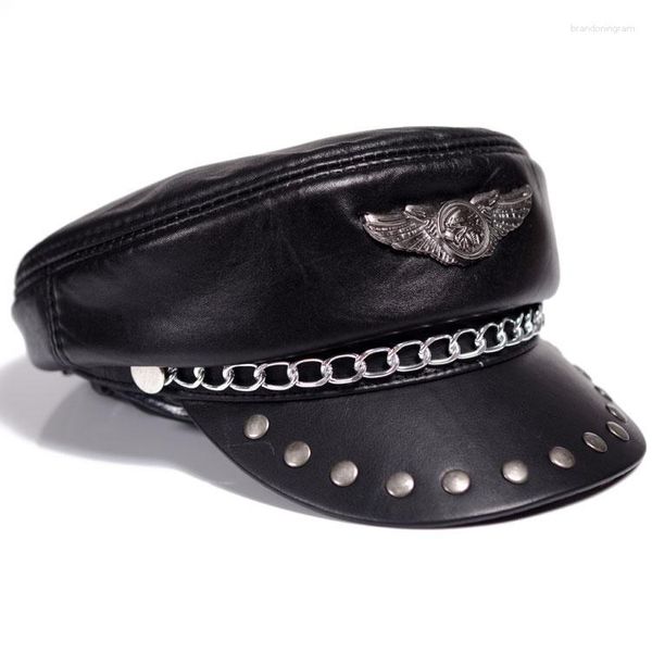 Berretti unisex in vera pelle nero/marrone per il tempo libero locomotiva punk cappelli militari piatti per uomo donna