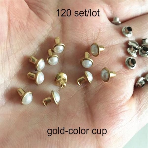 120 conjuntos de 6 mm semirredondo pérola copo de metal rebites pernos branco pérola com ouro copo de metal faça você mesmo rebite para roupas sapatos chapéu 343y