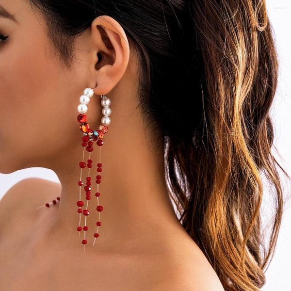 Orecchini pendenti con perle rosse di Boemia con perline nappa per donna fatti a mano Boho Ear gioielli vintage lunga grande dichiarazione