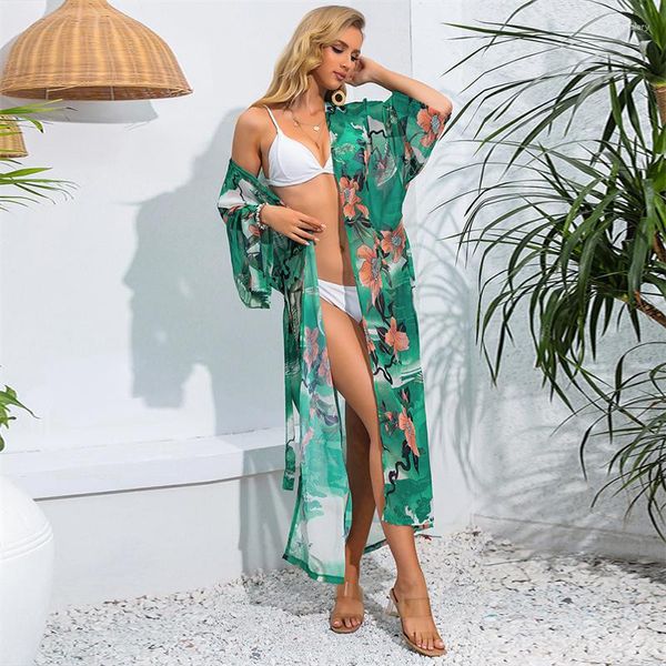 Trench da donna 2023 Summer Vintage Green Print Coat Loose Beach Lace Up Protezione solare Camicia Cardigan Moda Casual Long Women