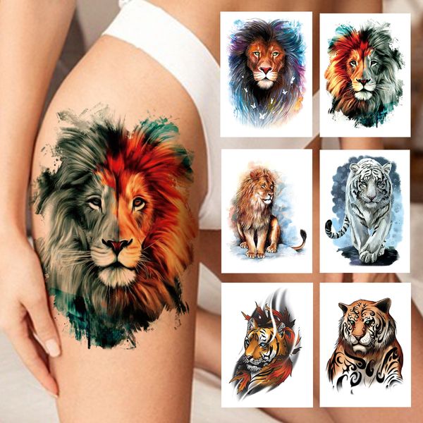 Tatuaggio temporaneo della tigre del leone dell'acquerello per le donne Uomini Atult Kid Adesivo tatuaggio animale finto realistico Trasferimento dell'acqua Tatuaggi Coscia