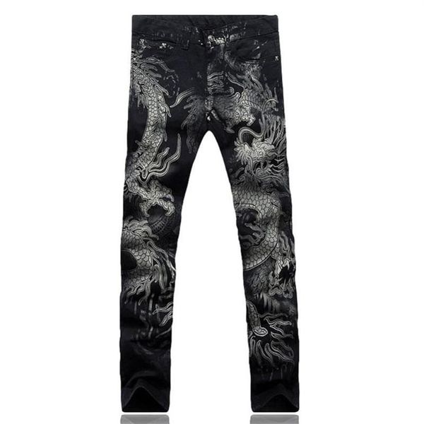 Мужские джинсы мужские брюки Slim Fit Fashion Dragon Print Мужское рисунок расписанный джинсовый эластичный черный груз269U