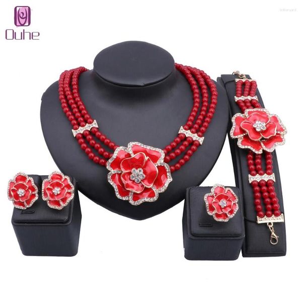 Collana Orecchini Set Donna Dubai Colore oro Cristallo Imitazione Perla Perline africane Bracciale Orecchino Anello Gioielli sauditi Festa nuziale