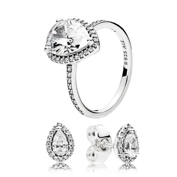 Köpüklü Gözyaşı Halo Yüzük / Saplama Küpe Pandora için Set 925 STERLING Gümüş Tasarımcı Kadınlar İçin Takı Kristal Elmas Lüks Yüzük Orijinal Kutu ile Küpe