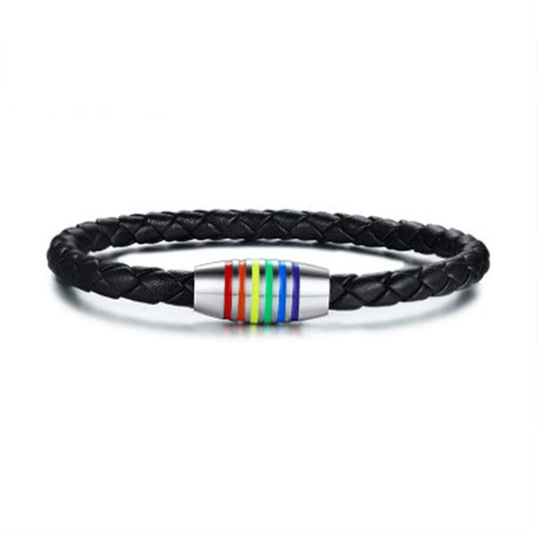 Pulseira de Couro Genuíno Black Pride Arco-íris Gay Lésbica Pulseira Jóias de Aço Inoxidável com Fecho Magnético PB-014B2352