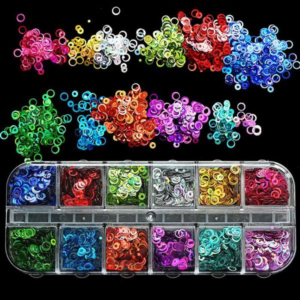 Nagelkunst-Dekorationen, 12 Gitter/Box, gemischte Größe, Glitzerflocken, Pailletten, hohl, rund, Pentagramm, Obstscheiben, Paillette-Charms, Ta63