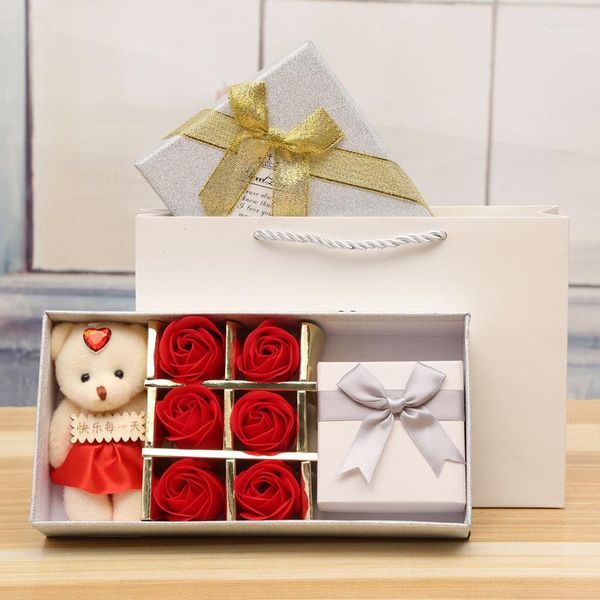 Dekorative Blumen 6 Stück Romantischer Rosenbär mit Geschenkbox Seifenblütenköpfe Künstliche Badeblütenblätter für Valentinstag Hochzeit