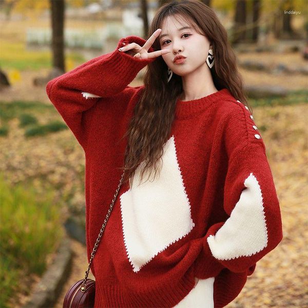 Frauenpullover Fauler Wind Weihnachten Roter Pullover Pullover Frauen 2023 Herbst/Winter Langarm Koreanische Lose Strick Weibliches Top