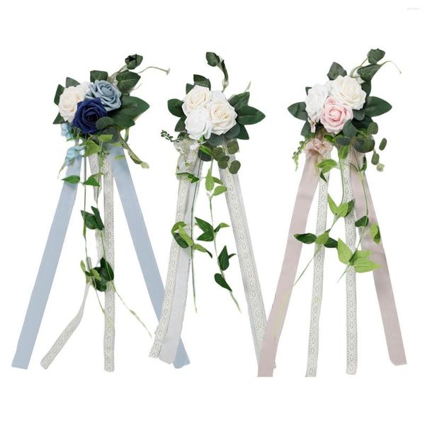 Flores decorativas Corredor Cadeira Costas Decoração floral Cuidado fácil com folhas e fitas Decorações de casamento para eventos de cerimônia