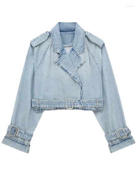 Damenjacken Frühlingsfrauen Mode Kurze Jeansjacke High Street Umlegekragen Mantel mit Gürtel Lässige Trench Outwear