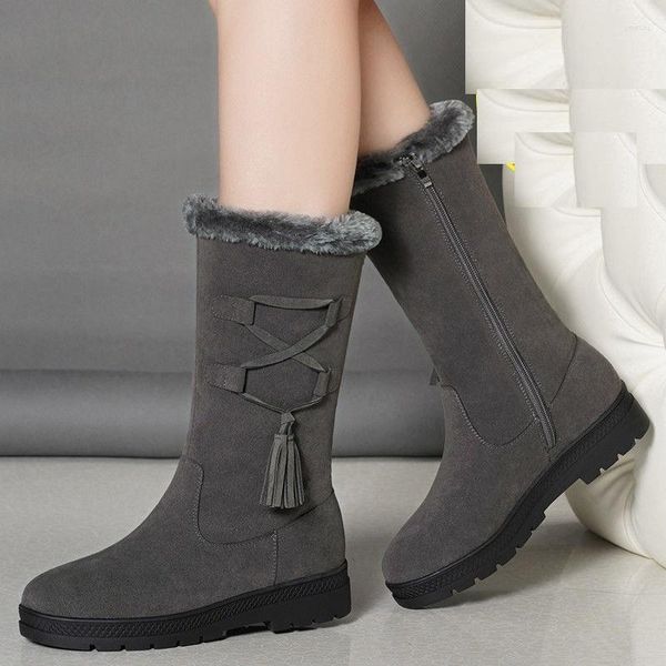 Botas Inverno Estilo Coreano Fora Salto Grosso Amarrado Franja Pelúcia Por Dentro Couro Genuíno Feminino Meia da Panturrilha Meia Neve 211118