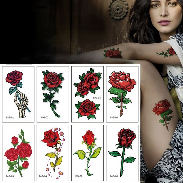 8Pcs Fiore Sexy Impermeabile Autoadesivo Del Tatuaggio Temporaneo Petto Rosa Flash Tatoo Donna 3D Body Art Polso Caviglia Clavicola Tatuaggio Finto