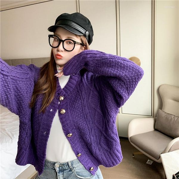 Malha Feminina TingYiLi Suéter Curto Cardigã Outono Inverno Suéteres Quentes Feminino Estilo Coreano Senhoras Roxo Bege Cáqui