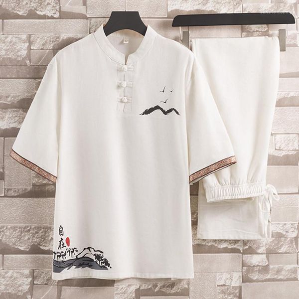 Herren Trainingsanzüge Sommer Casual Kurzarmhemd Chinesische Baumwolle Leinen Hosenanzug T-Shirt Sportbekleidung