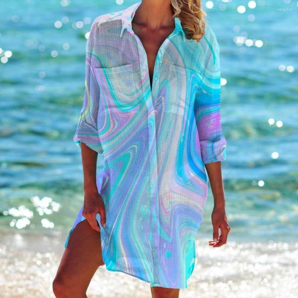 Roupa de banho feminina primavera/verão chique estampada em 3D boêmia com bolso com babados botão oculto camisa de festa praia biquíni jaqueta
