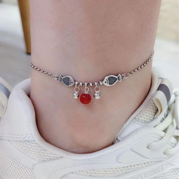 Cavigliere Etnico 925 Sterling Silver South Agata Rossa Cavigliera Per Le Donne Retro Semplice Doppio Pesce Caviglia Braclet Gioielli Catena Del Piede JL009