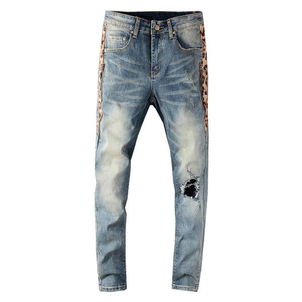 Jeans da uomo Uomo Streetwear Skinny Side Leopard Print Patchwork Holes Strappato Pantaloni in denim elasticizzato slim279E