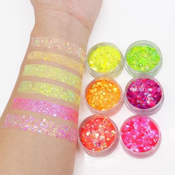 Body Glitter Festival UV Glow Maquiagem Facial Sombra em Pó Nail Art Grandes Lantejoulas Shimmer Diamante Maquiagem para os Olhos Pele Brilhante Glitters 230718