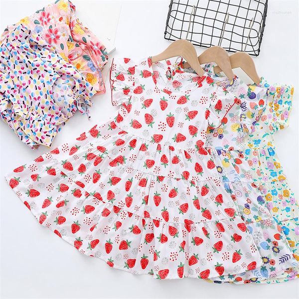 Mädchen Kleider Sommer Kinderkleidung Mädchen Kleines Kleid mit fliegenden Ärmeln Niedlicher Aufdruck Obst Baby Plissee