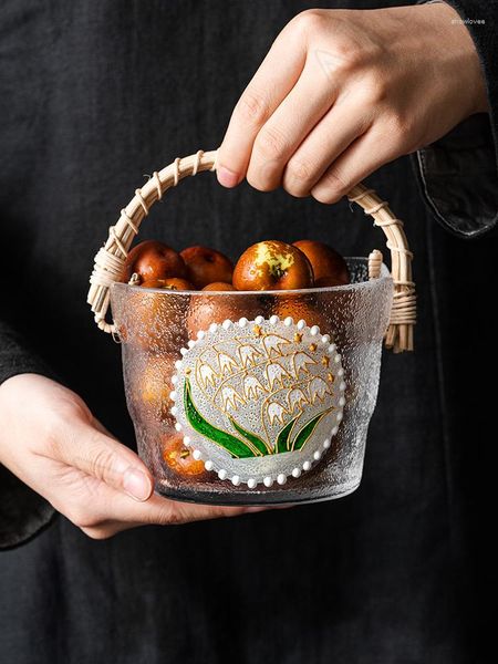 Tigelas Criativas Flor Vidro de Cristal Frutas Desenhadas à Mão Rattan Alça de Tecelagem Cesta Portátil Alta Qualidade Mesa de Chá Tigela de Sobremesa