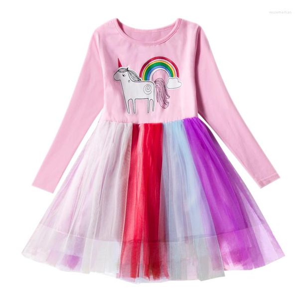Девушка платья осень 2023 детские девочки платье с длинным рукавом розовый о шея сетка хлопковое мультипликационное припечаток для шарикового платья детская одежда детская одежда