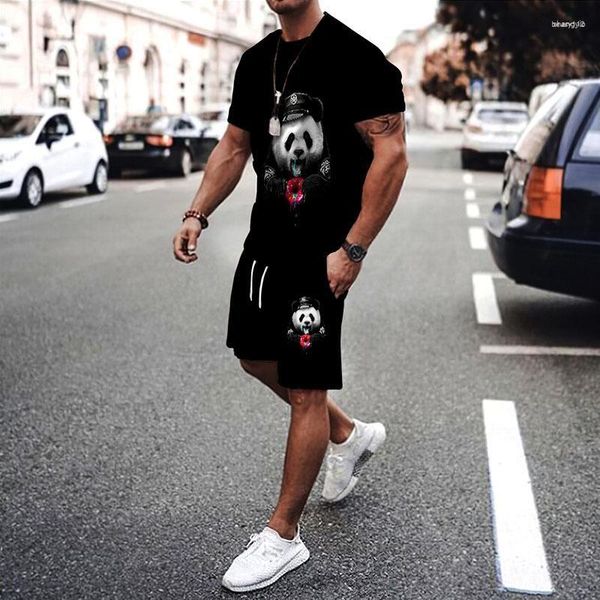 Fatos de treino masculinos Panda 3D Print Men T-shirt Shorts Terno Manga curta decote em O Conjunto de corrida casual Homem Verão Streetwear 2 peças Out