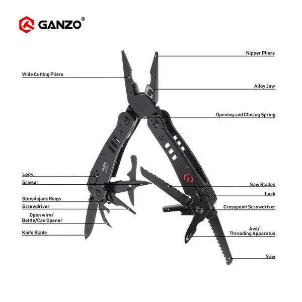 Ganzo G302 G302B G302H Pinze multiple 26 strumenti in una mano Set di utensili Kit di cacciaviti Coltello pieghevole portatile Pinze in acciaio