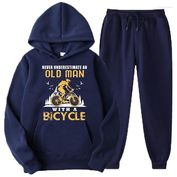 Erkeklerin eşofmanları, dağ bisikleti ile yaşlı bir adamı asla hafife almaz erkekler hoodies pantolon set iki parçalı eşofman moda spor giyim