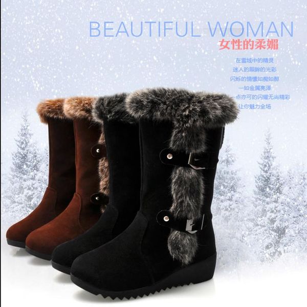 Stiefel Winter Frauen Casual Warm Pelz Mitte Wade Schuhe Slip-On Runde Zehen Keile Schnee Muje Plus Größe 42