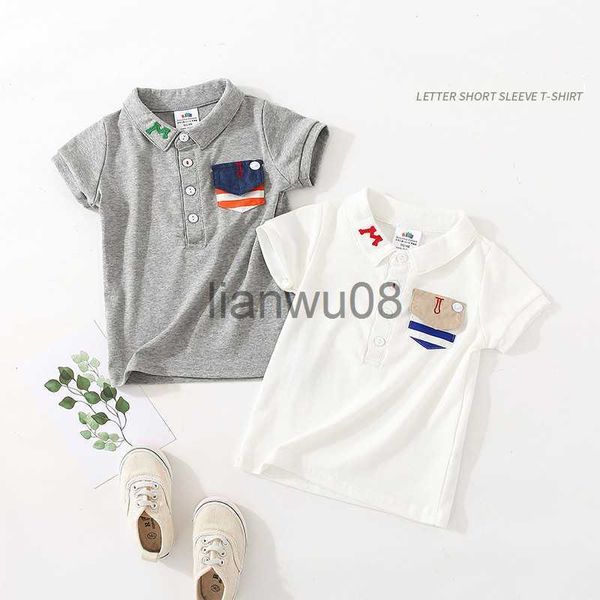 T-Shirts 2023 Summe 2 3 4 6 8 10 Jahre Kinderbekleidung Baumwolle Kurzarm Grau Weiß Einfarbig Tasche Kleine Kinder Jungen T-Shirts x0719