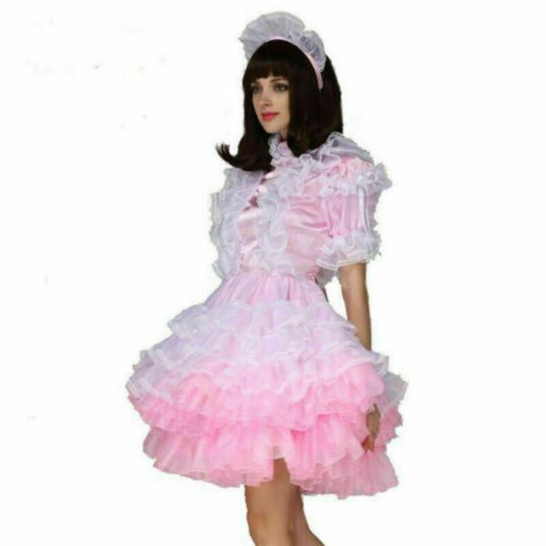 Sissy Maid Abschließbares hellrosa Puffy-Kleid aus Organza, maßgeschneidertes Kostüm271z