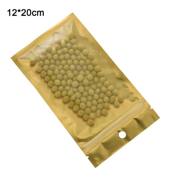 12x20cm Sacos de embalagem com zíper dourado transparente fosco com estojo de telefone redondo para pendurar Acessórios eletrônicos Armazenamento de alimentos Bolsas Mylar B312A