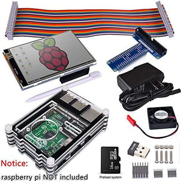 Raspberry Pi 3 2 Starter Kit completo con adattatore USB 3 Touch screen da 5 pollici Custodia da 16 GB Alimentatore Scheda GPIO Ventola 297 V