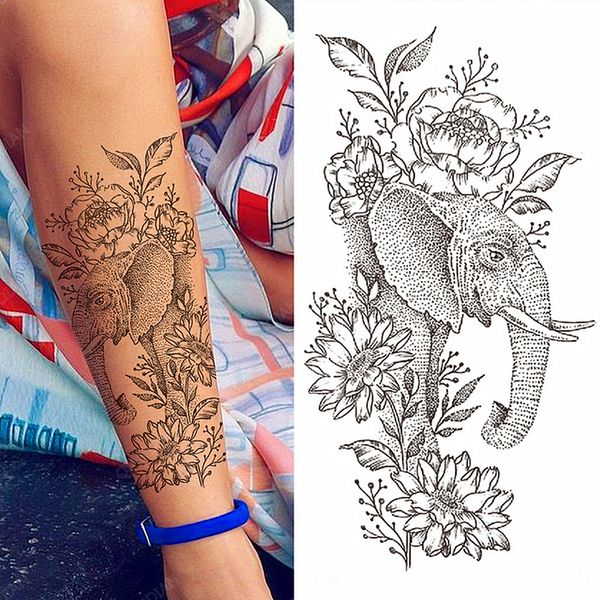 Elefante Fiore Rosa Crisantemo Donne Impermeabile Tatuaggi Temporanei Adesivi Braccio Gamba Cool Art Sexy