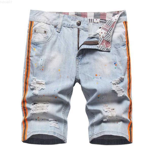 Shorts Masculino Masculino Shorts Jeans com Listras Laterais Neon Verão Pintado Buracos Jeans Rasgados Desgastados Calças na Altura do Joelho L230719