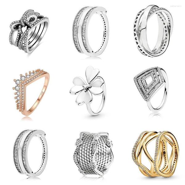 Cluster Ringe 925 Sterling Silber Ring Charms Prinzessin Krone Bogen Geschenk DIY Klee und goldene Kurve Finger für Frauen Schmuck