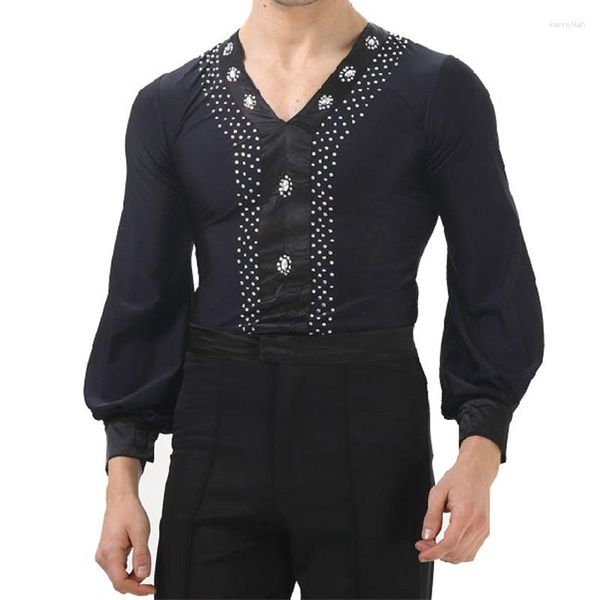 Bühnenkleidung Herren Latin Dance Kleidung Kragen Diamant Blau Jacke Männer Kleidung Kostüm Mantel Rumba Samba Tanzen Sumpsuit B-4250