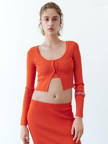 Maglieria da donna Stile coreano O-Collo Maglioni lavorati a maglia corti Cardigan da donna Arancione Moda manica lunga Protezione solare Crop Top Ropa Mujer