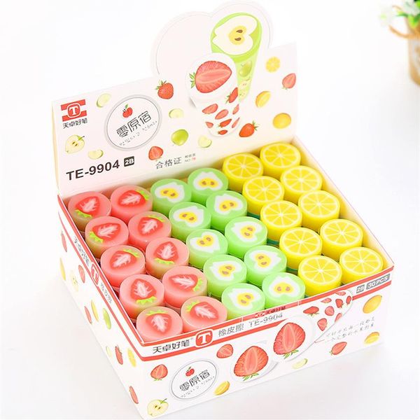 Fruit Eraser 30pcs pack Candy Color Artigos de papelaria Eraser Fruit Series Borracha Earsers Material escolar para presente de estudante259p