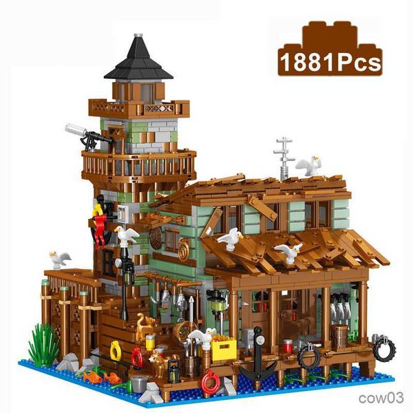 Blocos criativos micro pescador cabine cais modelo de casa de madeira blocos de construção vista da rua vila de pescadores tijolos montar brinquedo presente infantil r230720