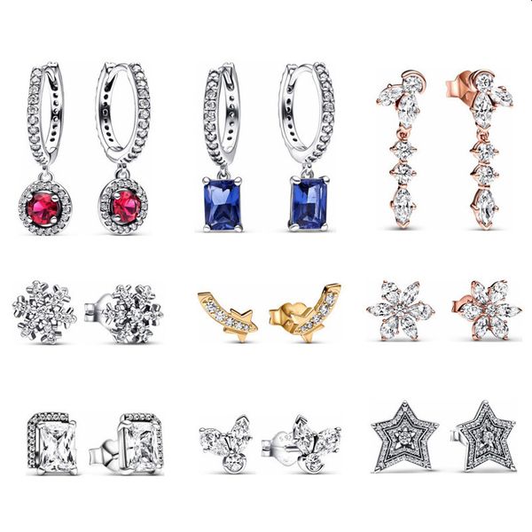 Brincos de joias de designer para mulheres S925 Prata Estrela de Natal Brincos de franja de neve Quadrado Diamante Faça você mesmo Brincos de presente para amantes de Pandora Brincos com caixa