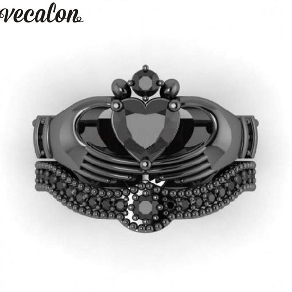 Vecalon Neuer weiblicher schwarzer Geburtsstein Claddagh-Ring 5A Zirkon Cz Schwarzgold gefüllt Party Ehering Ring Brautsets für Frauen187q