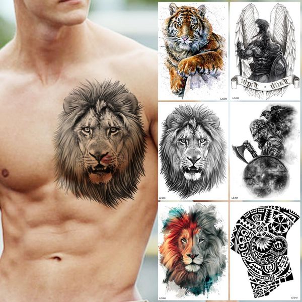 Große schwarze Löwe temporäre Tattoos für Männer Erwachsene realistische geflügelte Ritter coole Tiger gefälschte Tattoo Aufkleber Brust Arm Tatoos