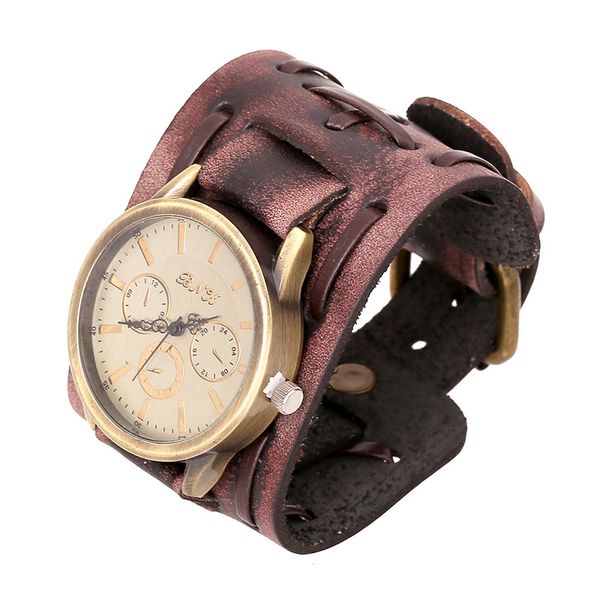 Elegante retrô largo relógio de pulseira de couro genuíno masculino punk quartzo punho relógio relógios de pulso pulseira para presentes masculinos femininos