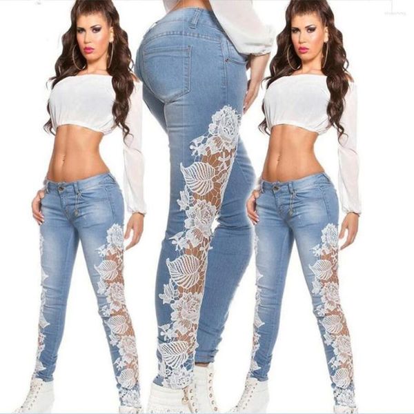 Женские джинсы уличная одежда Длинные брюки Джинсовая кружевная полость на цветочные аппликации скинни карандаш 90 -х