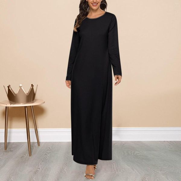 Vestidos Casuais 2023 Outono Abaya Roupas Islâmicas Moda Feminina Elegante Vestido Muçulmano Sólido com Decote em O Dubai Abayas Primavera Senhoras Robe Longo